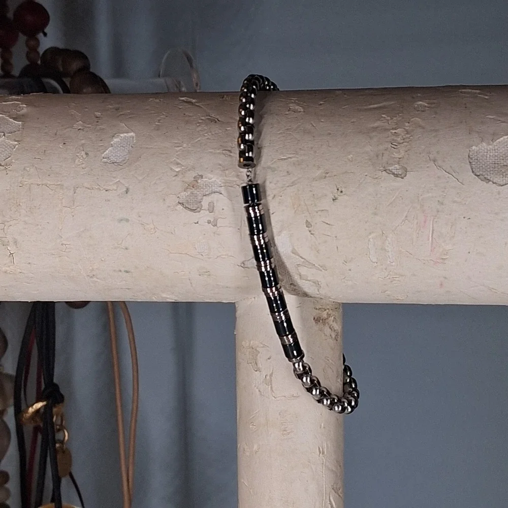 Mens Stainless Steel Box Chain Bracelet Black Beaded Silver Tone Lobster Clasp